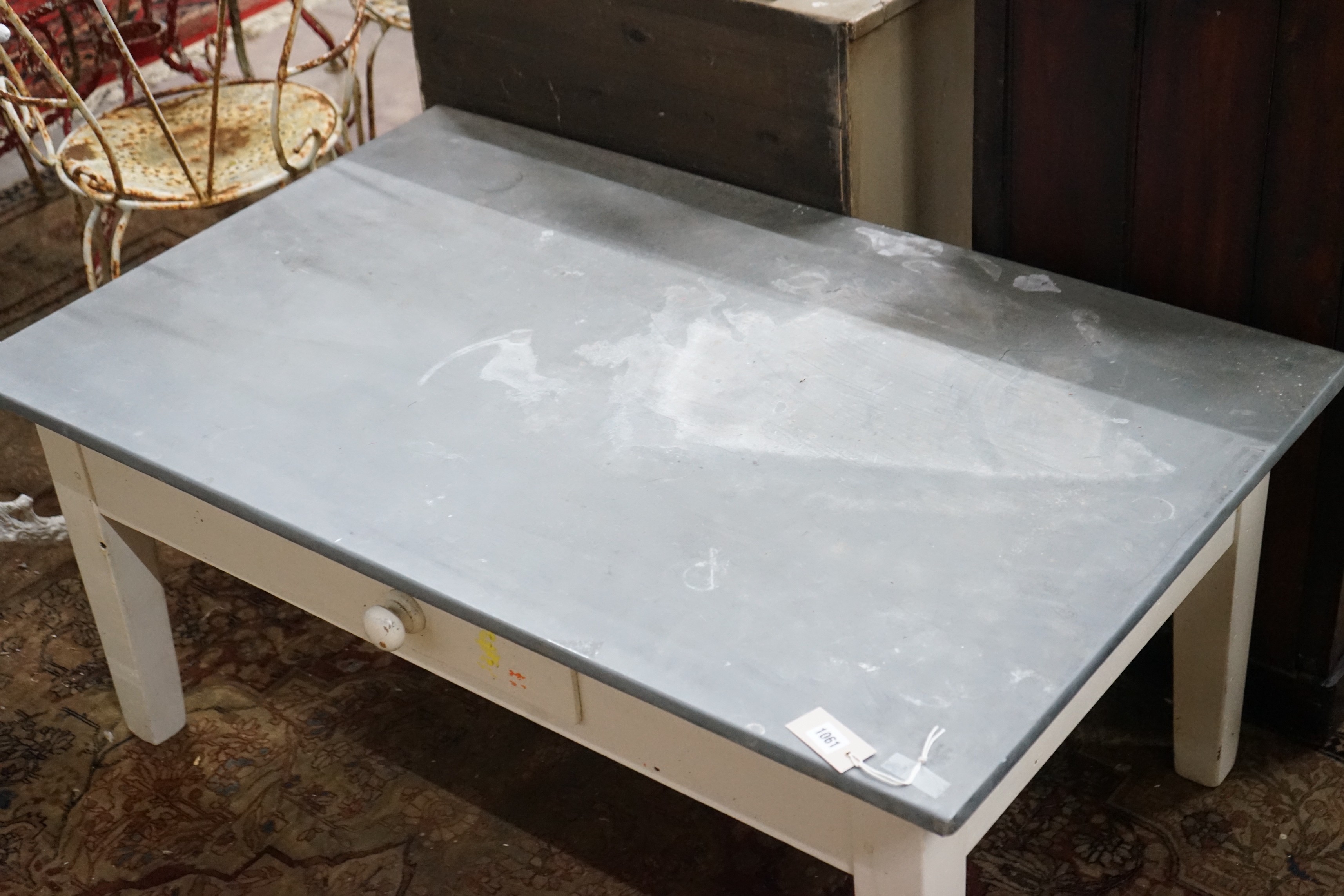 A painted rectangular zinc top coffee table, width 122cm, depth 77cm, height 53cm